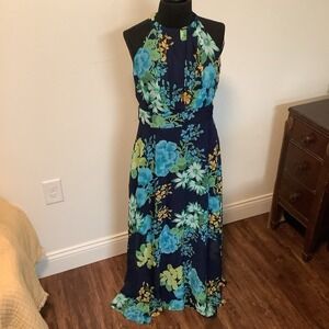 Madison Leigh Navy Floral Halter Maxi Dress Green Yellow 1748138M‎ Size 8 NEW